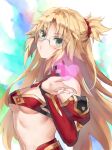 1girl alternate_hair_length alternate_hairstyle bespectacled blonde_hair blowing_kiss blush braid breasts cleavage commentary detached_collar detached_sleeves fate/apocrypha fate/grand_order fate_(series) glasses green_eyes heart highres long_hair looking_at_viewer medium_breasts mordred_(fate) mordred_(fate/apocrypha) red_sleeves solo symbol-only_commentary tonee upper_body 