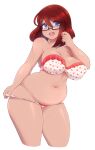  1girl absurdres alpha_transparency bad_source bikini blue_eyes blush breasts character_request cherry_print collarbone copyright_request cropped_legs food_print glasses hair_between_eyes highres large_breasts lips looking_at_viewer navel open_mouth plump red_hair semi-rimless_eyewear simple_background solo swimsuit tareme the_scarlet_devil thick_thighs thighs transparent_background under-rim_eyewear white_bikini 