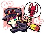  belt black_coat black_hair black_headwear black_pants blush_stickers chain chibi chibi_only coat full_body hat jitome jojo_no_kimyou_na_bouken kotorai kujo_jotaro lobster no_mouth no_nose pants purple_shirt rolling_suitcase shirt short_hair signature suitcase thought_bubble 