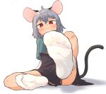  1girl ahoge animal_ears blue_capelet capelet feet foot_focus foreshortening from_below greenpiecerice grey_hair hair_between_eyes highres leg_up mouse_ears mouse_girl mouse_tail narrowed_eyes nazrin no_nose red_eyes sitting socks soles solo sweat sweatdrop tail touhou variant_set white_background white_socks 