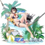  1girl absurdres ahoge alternate_costume arm_strap azur_lane ball baltimore_(azur_lane) bare_shoulders barefoot beach beachball bikini black_bikini black_choker blue_sky braid breasts brown_hair bubble_tea_challenge can cellphone chinese_commentary choker cleavage cloud collarbone commentary_request cooler criss-cross_halter day drink_can drinking_straw drinking_straw_in_mouth eyewear_on_head food french_braid fruit full_body groin hair_between_eyes halterneck hammock highleg highleg_bikini highres holding holding_water_gun innertube large_breasts looking_to_the_side navel ocean palm_tree phone short_hair side-tie_bikini_bottom sidelocks sitting sky smartphone soda_can stomach sunglasses swim_ring swimsuit thigh_strap tree ttheyue turret water_gun watermelon yellow_eyes 