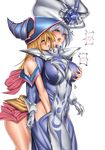  2girls bare_shoulders blonde_hair blue_eyes blush breast_grab breasts dark_magician_girl erect_nipples green_eyes large_breasts long_hair multiple_girls open_mouth silent_magician simple_background standing transparent_background yu-gi-oh! yuri 