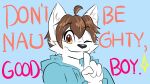 aceto_the_hoodie_wolf acetofurtuber anthro blue_clothing brown_hair canid canine canis clothing domestic_dog font fur good_boy hair looking_at_viewer male mammal one_eye_closed red_eyes solo tagme white_body white_dog white_fur wink winking_at_viewer wolf