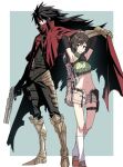  1boy 1girl armor bare_shoulders black_hair breasts brown_eyes brown_hair cape clawed_gauntlets cloak crop_top decoponmagi final_fantasy final_fantasy_vii final_fantasy_vii_rebirth final_fantasy_vii_remake gloves gun headband highres holding long_hair looking_at_viewer navel red_cloak red_eyes red_headband shirt short_hair shorts sleeveless sleeveless_turtleneck smile torn_clothes turtleneck vincent_valentine weapon yuffie_kisaragi 