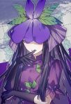  1girl black_gloves black_hair commentary dress flower flower_on_head fruit_print gloves grape_print here_(hr_rz_ggg) highres long_hair open_mouth purple_dress purple_eyes purple_flower smile solo touhou vine_print yomotsu_hisami 