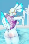  2016 absurd_res anthro arm_tuft avian beak bedroom_eyes big_breasts biped bird blue_feathers blush bottomless breasts butt butt_blush chair chromatic_aberration clothed clothing clothing_lift cockatoo crest depth_of_field digital_drawing_(artwork) digital_media_(artwork) dovne dovne_(character) eyewear feather_tuft feathered_crest feathers female glasses half-closed_eyes hi_res legs_together lifeguard_chair looking_back multicolored_feathers neck_tuft nipple_piercing nipples non-mammal_breasts open_mouth open_smile outside parrot partially_submerged piercing pince-nez pink_nipples portrait public rear_view red_clothing red_topwear seductive shirt shirt_lift side_boob slightly_chubby smile solo sparkling standing swimming swimming_pool tail_feathers three-quarter_portrait tuft undressing water white_feathers yellow_beak yellow_feathers 