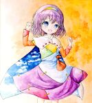 1girl blue_eyes cape cloak dress hair_between_eyes hairband long_sleeves looking_at_viewer multicolored_clothes multicolored_dress multicolored_hairband open_mouth orange_background patchwork_clothes purple_hair rainbow_gradient short_hair sky_print smile solo tenkyuu_chimata touhou unconnected_marketeers white_cape white_cloak yoko_jzz30 