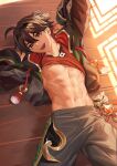  1boy brown_eyes brown_hair brown_jacket chinese_clothes clothes_lift gaming_(genshin_impact) genshin_impact grey_pants hair_between_eyes hairband highres hood hooded_jacket hoodie jacket looking_at_viewer male_focus mole multicolored_hair muscular muscular_male navel nayoshi_(r-744) nipples open_clothes open_mouth open_shirt orange_shirt pants red_hair shirt shirt_lift smile solo stomach tassel vision_(genshin_impact) 