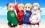  4girls beach fate/extra fate/grand_order fate_(series) green_eyes mouth multiple_girls open saber saber_alter saber_extra sakura_saber summer water yellow_eyes 