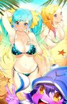  :d alternate_costume aqua_hair arm_up armpits beach bikini blonde_hair blue_eyes bow breasts cleavage day ddoalo hair_bow hairband hand_behind_head highres large_breasts league_of_legends looking_at_viewer lulu_(league_of_legends) luxanna_crownguard medium_breasts multiple_girls navel open_mouth outdoors photobomb polka_dot polka_dot_bow ponytail pool_party_lulu purple_skin sand sand_sculpture seashell shell side-tie_bikini smile sona_buvelle star star_print starfish swimsuit teemo tongue tongue_out twintails v yordle 