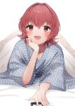  1girl bath_yukata blush breasts cellphone cleavage collarbone hair_between_eyes japanese_clothes kantai_collection kimono kinu_(kancolle) looking_at_viewer lying on_stomach one-hour_drawing_challenge open_mouth phone red_eyes red_hair short_hair simple_background smartphone smile solo white_background wide_sleeves yamashichi_(mtseven) yukata 