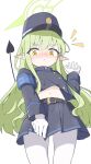  1girl :&lt; absurdres akasaka_ill armband belt black_belt black_hat black_skirt blue_archive blue_armband blush closed_mouth demon_tail gloves green_hair green_halo halo hat highlander_sidelocks_conductor_(blue_archive) highres long_hair long_sleeves looking_at_viewer midriff navel pantyhose pointy_ears simple_background skirt solo standing tail white_background white_gloves white_pantyhose yellow_eyes 