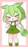 &gt;_&lt; 1girl :o absurdres blush chibi closed_eyes double_v facing_viewer full_body green_footwear green_hair green_skirt hair_between_eyes hana_kazari hands_up highres long_hair open_mouth outline pigeon-toed pink_background puffy_short_sleeves puffy_sleeves shirt shoes short_sleeves skirt solo standing suspender_skirt suspenders two-tone_background v very_long_hair voicevox white_background white_outline white_shirt zundamon 