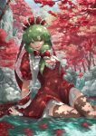  1girl absurdres arm_ribbon arm_support autumn_leaves black_thighhighs breasts cleavage commentary_request day dedemaru dress feet_out_of_frame frilled_ribbon frills front_ponytail green_eyes green_hair hair_ribbon hand_on_ground highres kagiyama_hina leaf long_hair looking_at_viewer maple_leaf open_mouth outdoors partially_submerged puffy_short_sleeves puffy_sleeves red_dress ribbon rock short_sleeves sitting smile solo thighhighs touhou tree water waterfall wet wet_clothes 