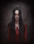  1girl artist_name black_background black_hair bloodexer dark dark_background darkness dress highres horror_(theme) long_hair looking_at_viewer red_dress red_sleeves signature simple_background solo solo_focus standing the_evil_within very_long_hair 