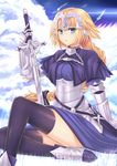  absurdres armor black_legwear blonde_hair blue_eyes braid breasts eyebrows_visible_through_hair fate/apocrypha fate/extella fate/extra fate/grand_order fate_(series) gu_li headpiece highres holding holding_sword holding_weapon jeanne_d'arc_(fate) jeanne_d'arc_(fate)_(all) large_breasts long_hair looking_at_viewer parted_lips sitting solo sword thighhighs weapon 