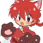  1girl animal_ears animal_hands braid braided_ponytail breasts cat_ears eextrovrt hair_between_eyes happy highres open_mouth ranma-chan ranma_1/2 red_hair simple_background solo white_background 