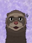 ambiguous_gender anthro bandit_mask black_eyes brown_body brown_fur citrusseed domestic_ferret fangs fur hi_res long_neck mammal mustelid musteline pattern_background pink_nose purple_background round_ears simple_background smile smiling_at_viewer solo teeth true_musteline weasel whiskers