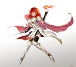  armor armored_boots boots cape celica_(fire_emblem) dress earrings fingerless_gloves fire_emblem fire_emblem_echoes:_mou_hitori_no_eiyuuou fire_emblem_gaiden fireball futabaaf gloves gradient gradient_background highres jewelry long_hair magic red_eyes red_hair solo sword thighhighs tiara weapon zettai_ryouiki 