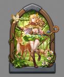  antlers arch belt belt_pouch bird bird_on_hand blonde_hair blouse blue_eyes boots bow bra brown_capelet brown_gloves bunny daisy deer feathers flower forest full_body gloves grass green_bra green_skirt grey_background hair_bow hair_flower hair_ornament highres knee_boots long_hair looking_to_the_side mwwhxl nature open_blouse open_clothes original plant pouch skirt smile solo staff standing standing_on_one_leg sunflower_hair_ornament thighhighs underwear vines white_blouse white_legwear 