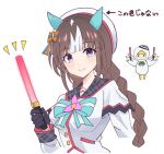  1girl animal_ears black_gloves braid brown_hair buttons ear_covers gloves hokko_tarumae_(umamusume) holding horse_ears horse_girl multicolored_hair nasupon_54115 purple_eyes smile solo striped_hair twin_braids two-tone_hair umamusume upper_body white_background white_hat 