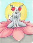 anthro breasts canid canine female fenniken flower fox fullcolor fur grey_body grey_fur happy hi_res laura_(nyghtmar3) mammal nintendo nipples nude nyghtmar3 pinup plant pokemon pokemon_(species) pokemorph pose shiny_pokemon sitting solo spring traditional_media_(artwork) true_fox