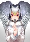  bangs black_hair breasts eyebrows_visible_through_hair fur_collar fur_trim gochiwa gradient gradient_background grey_background grey_hair hand_on_own_wrist head_wings highres holding holding_spoon kemono_friends long_sleeves looking_at_viewer medium_breasts multicolored multicolored_eyes multicolored_hair northern_white-faced_owl_(kemono_friends) purple_eyes red_eyes short_hair solo spoon spoon_in_mouth spread_wings upper_body white_background white_coat white_hair yellow_eyes 