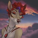  2019 anthro canid canine day detailed_background digital_media_(artwork) female green_eyes hair mammal melzi outside red_hair sky solo 