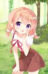  :d alternate_hairstyle bangs blush bow breasts brown_skirt bush collarbone collared_shirt commentary_request cowboy_shot day eyebrows_visible_through_hair gochuumon_wa_usagi_desu_ka? grass hair_bow hand_on_own_face hand_on_own_leg highres hoto_cocoa long_hair looking_at_viewer massala neck_ribbon open_mouth orange_hair outdoors puffy_short_sleeves puffy_sleeves red_ribbon ribbon shirt short_sleeves skirt small_breasts smile solo standing suspender_skirt suspenders tree twintails white_bow wing_collar 