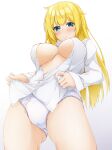 1girl ass_visible_through_thighs blonde_hair blue_eyes blush breasts clothes_pull collared_shirt commentary_request eyebrows_hidden_by_hair feet_out_of_frame groin hair_between_eyes hinata_masaki large_breasts lips long_hair looking_down naked_shirt no_bra panties partially_unbuttoned pulled_by_self rit_(shin_no_nakama) shin_no_nakama_janai_to_yuusha_no_party_wo_oidasareta_no_de_henkyou_de_slow_life_suru_koto_ni_shimashita shirt shirt_pull simple_background smile solo underboob underwear white_background white_panties white_shirt 
