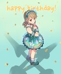 blush bow brown_eyes brown_hair closed_mouth collarbone confetti drill_locks eyebrows_visible_through_hair flower full_body green_bow hair_bow hairband happy_birthday high_heels idolmaster idolmaster_cinderella_girls idolmaster_cinderella_girls_starlight_stage kamille_(vcx68) looking_at_viewer morikubo_nono socks solo wavy_mouth white_legwear 