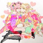  2girls bare_shoulders blonde_hair blush boots double_v flower gacho_p hair_flower hair_ornament heart high_heel_boots high_heels highres idolmaster idolmaster_cinderella_girls japanese_clothes jougasaki_mika jougasaki_rika kimono knee_boots long_hair looking_at_viewer multiple_girls one_eye_closed pink_hair sandals siblings sisters smile thighhighs twintails two_side_up v white_thighhighs yukata 