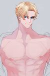  1boy abs bara bare_pectorals blonde_hair facial_hair highres lewis_smith llld_(2ldk1241) looking_at_viewer male_focus nipples pectorals seductive_smile sideburns_stubble smile solo stubble thick_eyebrows undressing upper_body yuuki_bakuhatsu_bang_bravern 