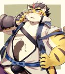 2024 anthro belly big_belly blush bulge clothing felid hi_res hitachi_(tamacolle) humanoid_hands kemono kinoshita-jiroh male mammal moobs overweight overweight_male pantherine simple_background solo tamacolle tiger underwear