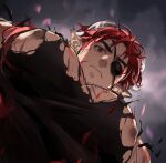  1boy arknights bara black_shirt blood_on_pectorals demon_boy demon_horns eyepatch foreshortening from_below hoederer_(arknights) horns large_pectorals long_hair looking_at_viewer looking_down male_focus meme mosi_l muscular muscular_male nipple_slip nipples pectoral_cleavage pectoral_focus pectorals photo-referenced pointy_ears red_eyes red_hair shirt sidepec solo sparse_chest_hair sparse_stubble tank_top tearing_clothes thick_eyebrows torn_clothes unfinished upper_body yur_oc_like_this_(meme) 
