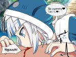  1boy 1girl ^^^ animal_hood beach biting blood blue_eyes blue_hair blue_hoodie blue_nails cannibalism clothed_female_nude_male commentary_request day english_text ero_guro fellatio fingernails gawr_gura gawr_gura_(1st_costume) grey_hair guro hetero highres hololive hololive_english hood hoodie long_sleeves mixed-language_text multicolored_hair multilingual nude oral outdoors penis_biting profile shark_girl shark_hood short_hair sound_effects streaked_hair virtual_youtuber water yuuki_takara 