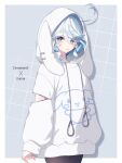  1girl blue_eyes blue_hair cinnamoroll clothing_cutout furina_(genshin_impact) genshin_impact hair_between_eyes heterochromia highres hood hood_up hoodie long_sleeves medium_hair multicolored_hair open_mouth pantyhose pomepome1207 sanrio white_hair white_hoodie 