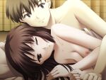  1boy 1girl after_sex akasen_gairo_~shouwa_33_nen_no_hatsuyuki~ bed bed_sheet breasts brown_hair completely_nude couple game_cg hetero kisaragi_masayuki kisugi_chihiro long_hair lying medium_breasts nude on_bed on_side one_eye_closed pillow ryoumoto_ken smile spooning 