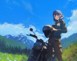  1girl artist_request blue_hair blue_sky brown_eyes brown_pants commentary_request day hanayagi_kaoruko helmet highres jacket long_hair looking_at_viewer motor_vehicle motorcycle mountainous_horizon outdoors pants shoujo_kageki_revue_starlight sky solo unworn_headwear unworn_helmet 