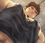  1boy absurdres bara black_tank_top brown_hair facial_hair facial_mark foreshortening from_below goatee gradient_hair highres large_pectorals leoandaslan_(leobongnana) looking_at_viewer looking_down male_focus meme midriff_peek multicolored_hair muscular muscular_male navel_hair_peek nipple_slip nipples original pectoral_cleavage pectorals photo-referenced pointy_ears seductive_smile short_hair sidepec smile solo sparse_chest_hair steaming_body sweat tank_top tearing_clothes thick_eyebrows torn_clothes tusks upper_body very_sweaty yur_oc_like_this_(meme) 