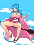  :p animal_ears bare_legs bell blue_hair blue_sky botan_(yuu_yuu_hakusho) bottomless breasts broom cat_ears cat_tail cleavage cloud day feet full_body heart highres japanese_clothes jingle_bell kimono large_breasts legs long_hair long_sleeves looking_at_viewer no_panties ponytail pubic_hair purple_eyes pussy sidesaddle sitting sky slippers slit_pupils solo spread_legs sunna_(nilsunna) tail tongue tongue_out uncensored whisker_markings wide_sleeves yuu_yuu_hakusho 