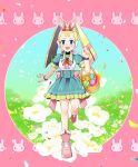  1girl android animal_ears basket blonde_hair blue_eyes boots character_request dress easter easter_egg egg fake_animal_ears flower full_body grass green_dress joints mechanical_hair mega_man_(series) mega_man_x_(series) pallette_(mega_man) petals pink_background pink_footwear pink_ribbon rabbit_ears ribbon rikka_(user_hruv2435) robot_ears running_towards_viewer solo twitter_username 