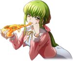  1girl artist_request blush breasts c.c. cheese_trail code_geass code_geass:_lost_stories dress eating food game_cg green_hair grey_dress hair_ribbon half-closed_eyes hand_on_own_cheek hand_on_own_face hands_up happy head_rest holding holding_food holding_pizza jacket leaning_forward light_blush long_hair long_sleeves looking_at_viewer low_ponytail medium_breasts neck_ribbon non-web_source official_art open_clothes open_jacket pink_jacket pink_ribbon pizza pizza_slice ribbon sidelocks smile solo teeth yellow_eyes yellow_ribbon 