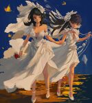  2girls bang_dream! bang_dream!_it&#039;s_mygo!!!!! beach black_hair blue_eyes blue_sky breasts bridal_veil bug butterfly cleavage closed_mouth commentary denpajin-ryuushi dress earrings english_commentary flower full_body high_heels highres holding holding_flower holding_hands jewelry lighthouse long_hair medium_breasts mole mole_under_eye multiple_girls off-shoulder_dress off_shoulder purple_hair red_flower red_rose rose shiina_taki sky smile standing strapless strapless_dress veil water wedding_dress white_dress white_footwear wrist_cuffs yahata_umiri yellow_butterfly yuri 