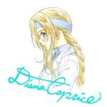  1girl blonde_hair blue_eyes braid buttons coat collar collared_coat cursive diana_caprice english_text from_side glasses highres lab_coat light_blue_headband long_hair looking_at_viewer mandarin_collar matsubara_hidenori maxi_shirt nose official_art parted_lips rimless_eyewear sakura_taisen sakura_taisen_v signature simple_background single_braid solo solo_focus third-party_source traditional_media white_background white_coat white_collar white_sleeves 