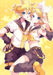  1boy 1girl arm_tattoo belt black_sailor_collar black_shorts blonde_hair blue_eyes crop_top detached_pants detached_sleeves hair_ornament hairclip hand_on_another&#039;s_shoulder hand_on_own_hip headset highres kagamine_len kagamine_rin kaho_0102 looking_at_viewer neckerchief necktie number_tattoo sailor_collar shirt short_hair short_sleeves shorts sleeveless standing standing_on_one_leg tattoo vocaloid white_shirt yellow_background yellow_footwear yellow_neckerchief yellow_necktie 