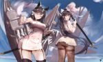  1girl 2girls absurdres atago_(azur_lane) azur_lane black_hair black_thighhighs bow breasts brown_eyes brown_pantyhose buttons cowboy_shot double-breasted fang_ind gloves hair_flaps hand_on_hilt highres holding holding_sword holding_weapon large_breasts long_hair looking_at_viewer microskirt military_uniform multiple_girls panties pantyhose pleated_skirt ribbon rigging sheath sheathed skirt sword takao_(azur_lane) thighband_pantyhose thighhighs underwear uniform very_long_hair weapon white_bow white_gloves white_panties white_ribbon white_skirt zettai_ryouiki 