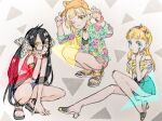  3girls :p akanbe aqua_eyes baseball_cap bikini bikini_under_clothes black_hair blonde_hair breasts dolphin_shorts eyelid_pull full_body gacho_p glasses green_eyes hat high_heels highres idolmaster idolmaster_cinderella_girls jougasaki_rika long_hair looking_at_viewer mary_cochran matoba_risa miniskirt multiple_girls one_eye_closed sandals short_shorts shorts sketch skirt small_breasts smile squatting swimsuit tongue tongue_out twintails yellow_eyes 