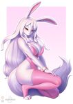 2024 anthro big_breasts black_sclera bow_tie breasts carrot_(one_piece) clothing collarbone eyebrows eyelashes feet female fur hair hand_on_leg hand_on_thigh hi_res kneeling lagomorph legwear leotard leporid long_hair looking_at_viewer mammal minkmen_(one_piece) one_piece open_mouth open_smile pakwan008 pink_bow_tie pink_clothing pink_legwear pink_leotard rabbit red_eyes shirt_collar shirt_cuffs short_hair smile solo sulong_carrot toeless_legwear white_body white_fur white_hair