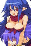  :d alternate_color belt bikini_top blue_hair breast_envy breasts cleavage demon_girl disgaea disgaea_d2 etna genderswap genderswap_(mtf) iwasi-r laharl laharl-chan large_breasts long_hair looking_at_viewer multiple_girls open_mouth player_2 pointy_ears purple_hair red_eyes red_scarf scarf shaded_face slit_pupils smile twintails white_background 